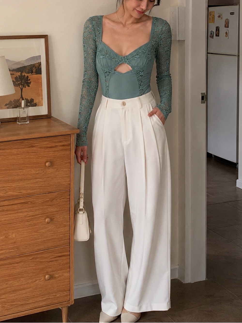 Urban Outfitters Sage Green Lace-Panel Long Sleeve Bodysuit